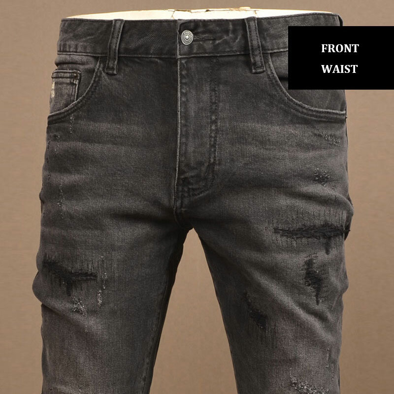 Джинсы мужские стрейчевые, модные рваные джинсы в стиле ретро, чёрные, серые, зауженные, с заплатками, дизайнерские брюки из денима в стиле хип-хоп