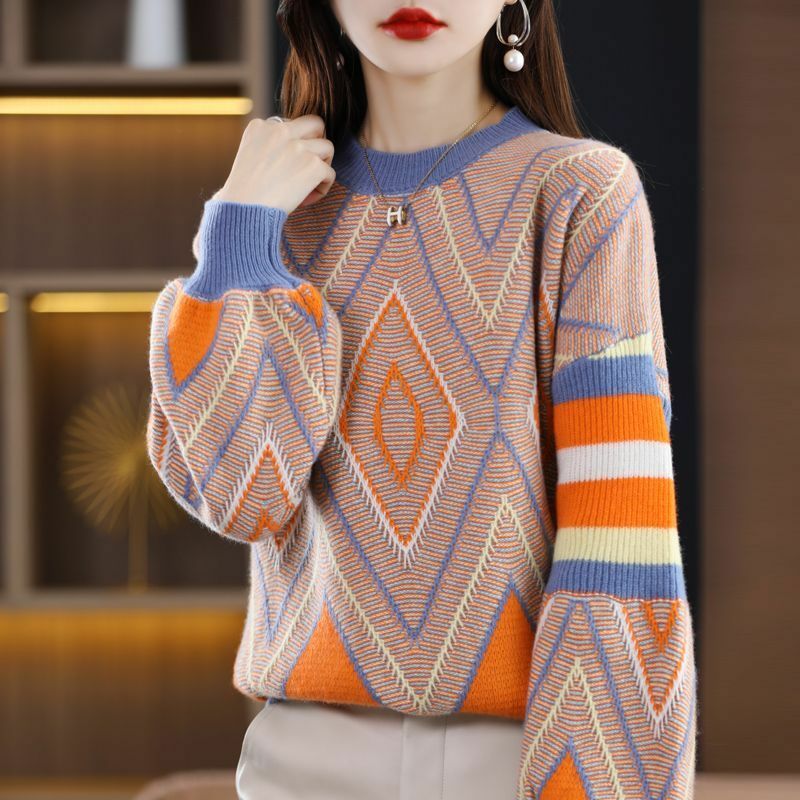 Sweter Wanita Pola Geometris Tebal Longgar Mode Pakaian Wanita Jumper Leher Bulat Lengan Panjang Cocok untuk Musim Gugur Musim Dingin