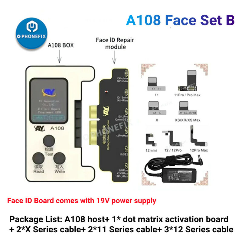Programador de identificación facial AY A108 BOX para iPhone, proyector de matriz de puntos, lectura y escritura, arreglo de tono verdadero, batería, cambio de datos de salud