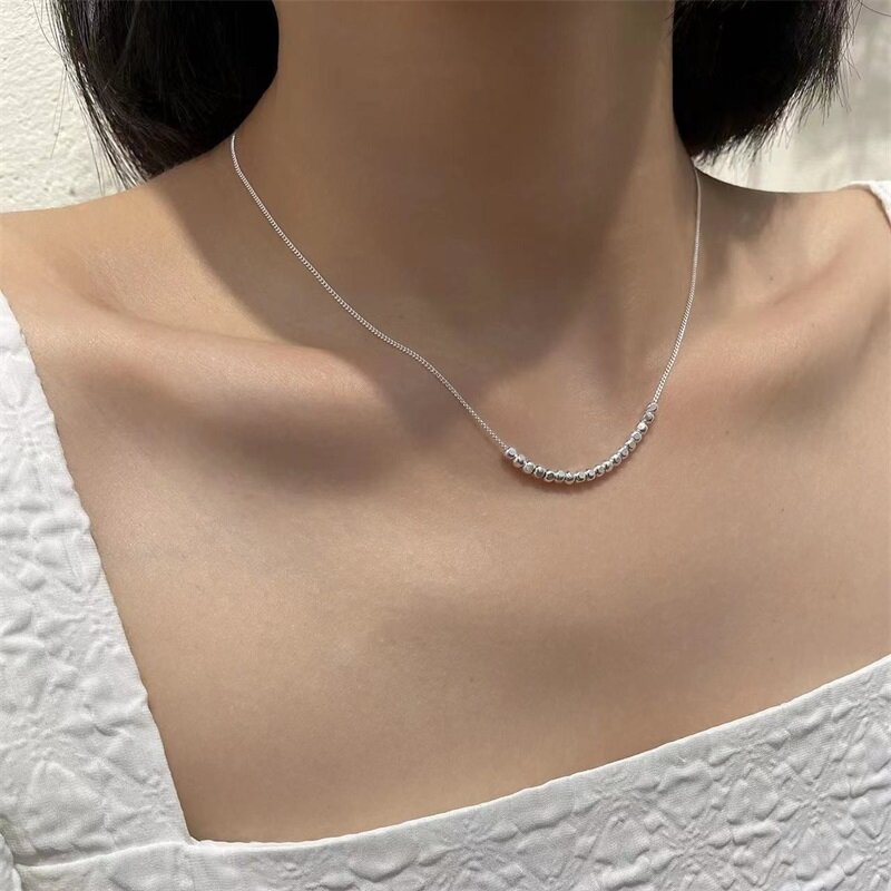 Kalung Perak Murni 925 Kalung Choker Manik-manik Bulat Mode Sederhana Rantai Tulang Selangka untuk Wanita Hadiah Perhiasan Pesta Pernikahan