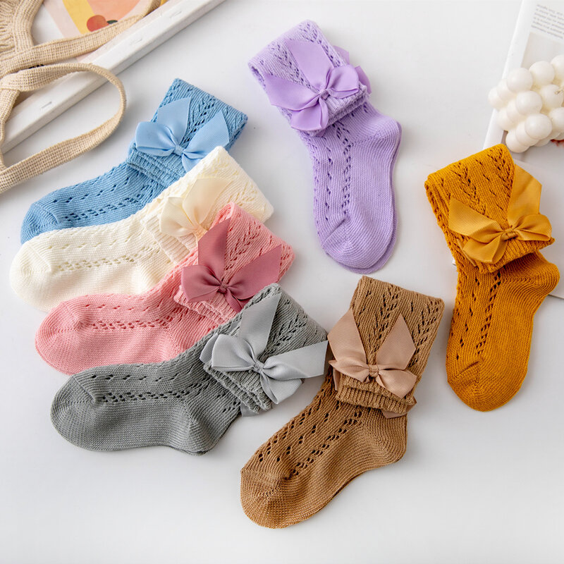 Calcetines de verano con lazo para niñas pequeñas, calcetín largo hasta la rodilla, malla de algodón, transpirable, estilo español, 0 a 8 años