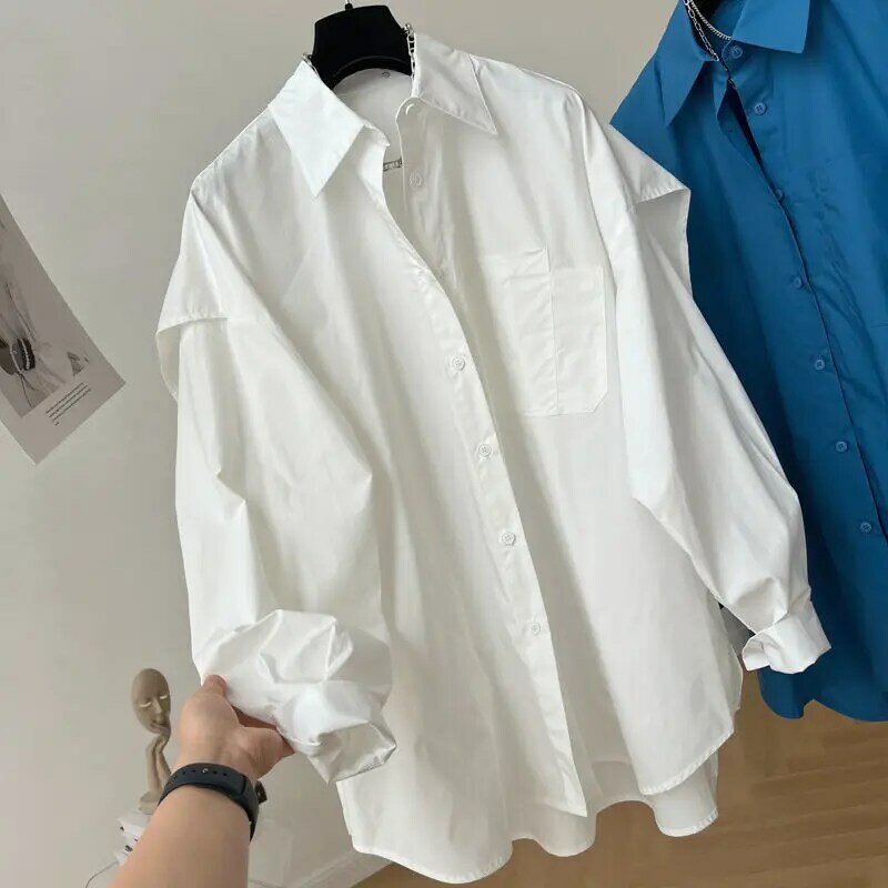 QWEconvex-Chemisiers chics pour femmes, Harajuku élégant et jeune, chemises blanches et bleues, faux deux pièces, haut décontracté à manches longues