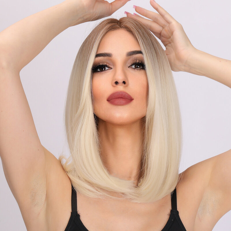 18 Cal krótkie syntetyczne blond gradientowe proste włosy dla kobiet codziennie peruka do Cosplay imprezowe odporne na ciepło sztuczne włosy