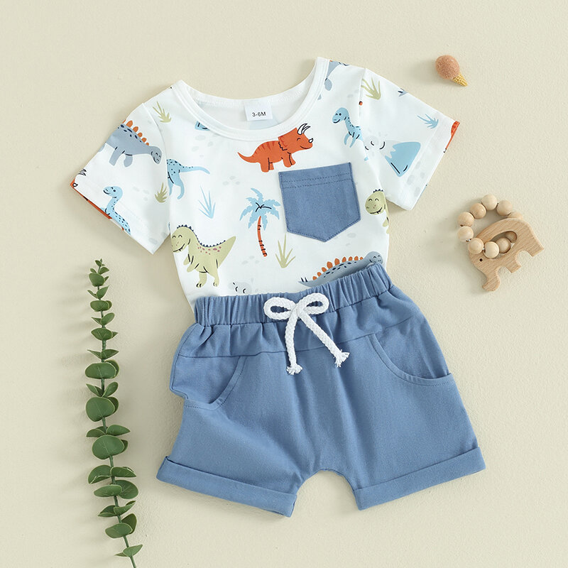 VISgogo Baby Boy 2 pezzi abiti girocollo manica corta stampa dinosauro top + pantaloncini elastici in vita Infant Toddler Summer Set