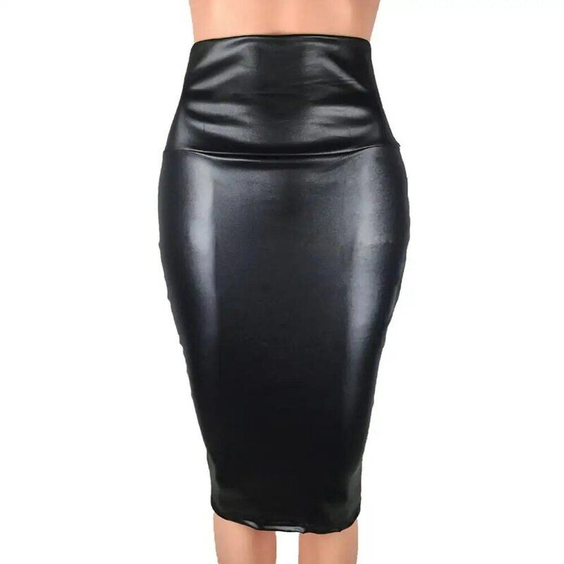 Модная элегантная юбка из искусственной кожи с высокой талией и разрезом, Женская облегающая юбка-карандаш до колена