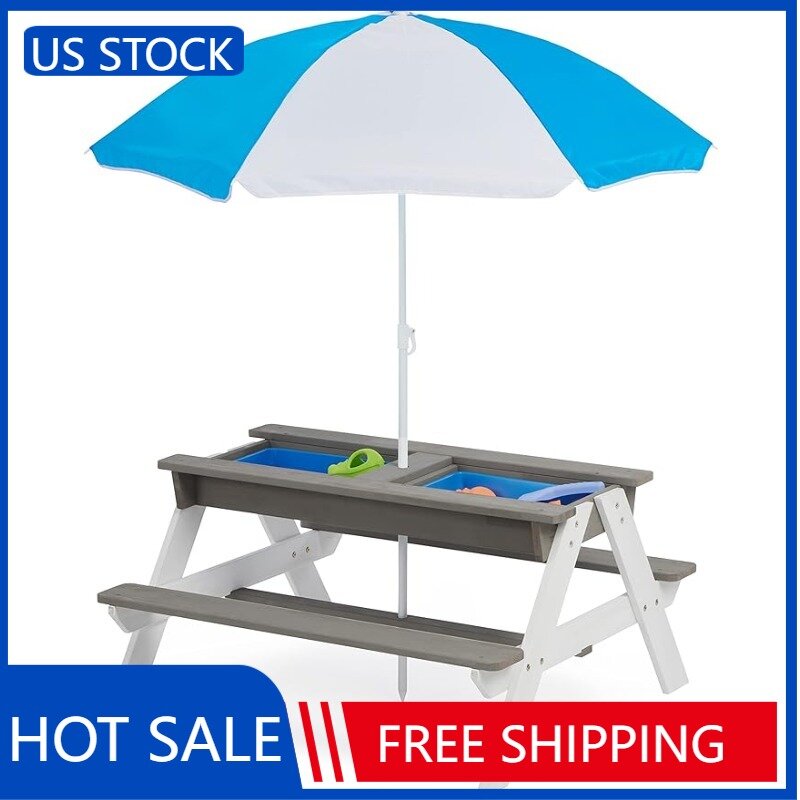 3-in-1 Sand & Water Activity Table, Wood Outdoor Convertible Picnic Table w/Umbrella, 2 Play Boxes, Removable Top,Gray,37 x 35