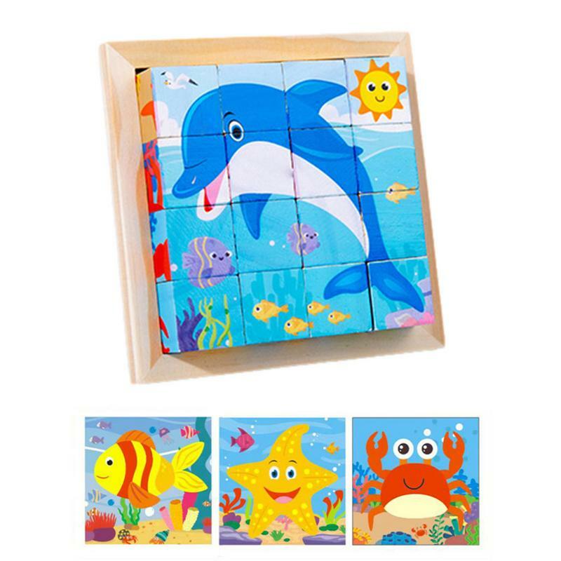 Wooden Montessori Jigsaw Puzzle, Jogo de Aprendizagem, Cubo Pré-Escolar, Puzzles Educativos com Armazenamento, 6 em 1, 16 Pcs