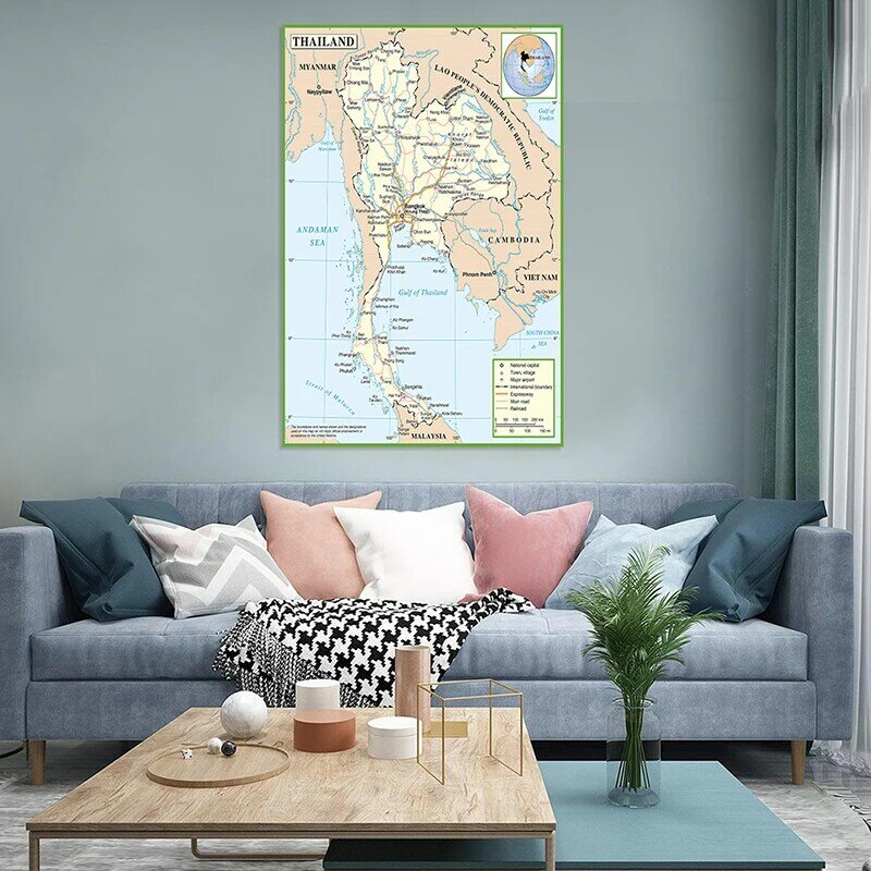 Póster decorativo de pared con mapa de Tailandia, lienzo no tejido, pintura, impresión artística para sala de estar, decoración del hogar, suministros escolares, 100x150cm