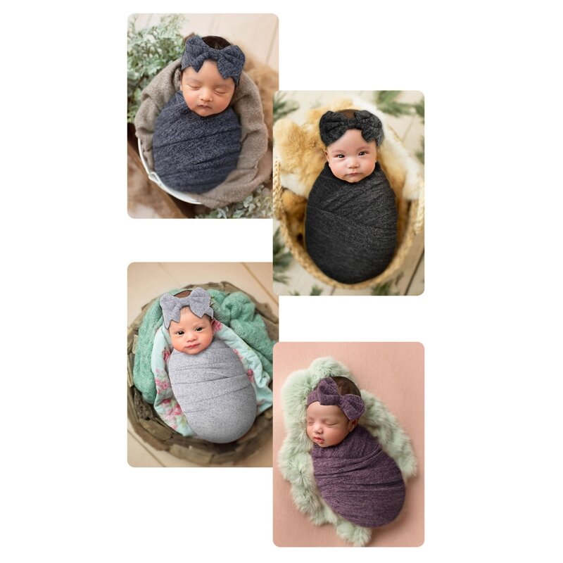 2Pcs/Set 165*40cm Infants Wraps Cloth and Bowknot Hairbands Baby Photography Props Solid Color Shooting Blanket Newborn Gifts