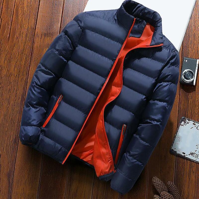 Men Winter Coat Padded Thick Solid Color Zipper Closure Stand Collar Long Sleeve Windproof Soft Warm Cold Resistant Men Jacket