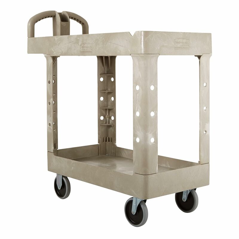 Commercial Products - FG4520088BEIG 2-Shelf Utility/Service Cart, Medium, Lipped Shelves, Ergonomic Handle