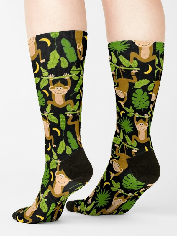 Милые носки джунгли с обезьянами и бананами, Мультяшные носки, рождественские носки до щиколотки, забавные подарки для мальчиков, детские носки для женщин