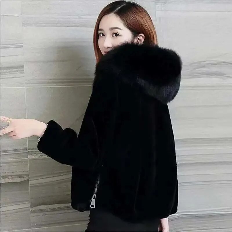 Mantel bertudung beludru imitasi untuk wanita, jaket bulu domba imitasi, jaket hoodie Korea longgar tebal hangat kerah rubah musim gugur dan musim dingin