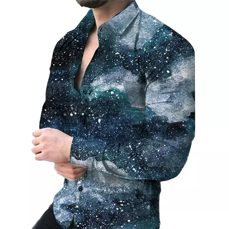 Мужской костюм с отложным воротником, рубашка с длинными рукавами, с молнией, с прозрачными линиями, графика, Повседневная Уличная винтажная Мужская одежда, модель 2023 года