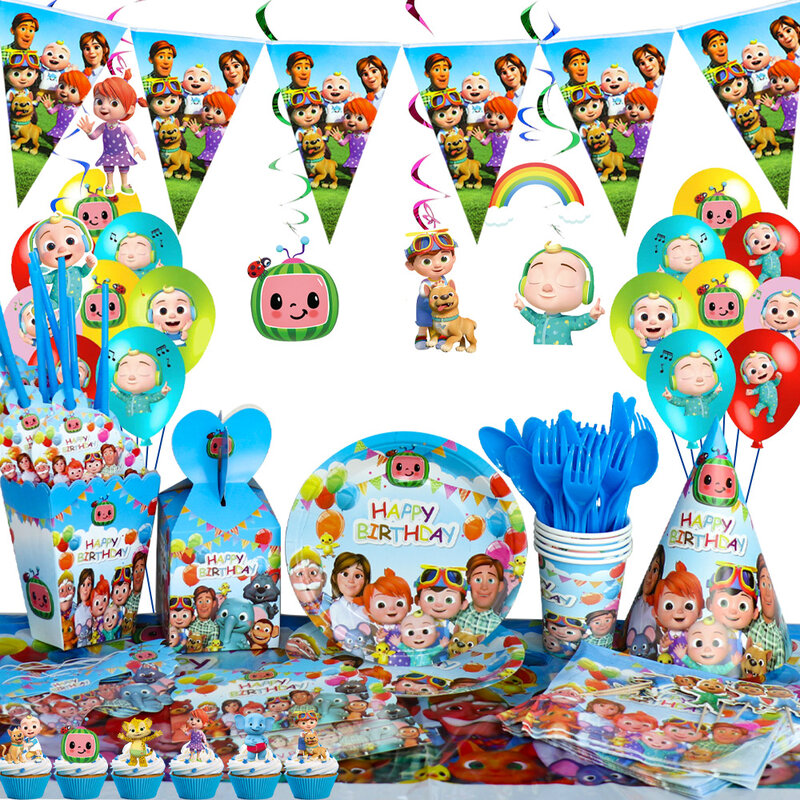 Cocomelon тематическая вечеринка на день рождения набор одноразовой посуды для детей, мультяшное украшение для вечеринки в честь будущей мамы, салфетки, бумажные тарелки