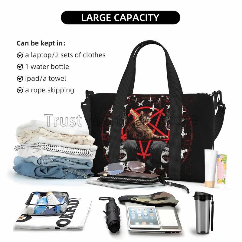 Pentagram Satanic Cats Death Black Metal Duffel Bag Lightweight Travel Bags for Sports Gym Foldable Weekender Overnight Bags