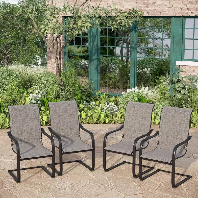 Набор из 4 обеденных стульев с пружиной для использования на открытом воздухе, эластичные стулья с высокой спинкой для внутреннего дворика с мягкой текстильной тканью и черной металлической рамой