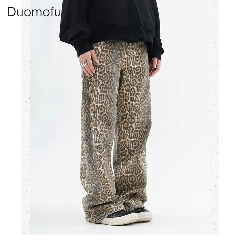 Duomofu-Jeans vintage com estampa leopardo para mulheres, casual Hip Pop, calças de perna larga, calças jeans grandes, cintura alta, calça feminina, Y2K