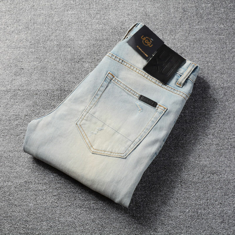 Jeans jeans azul claro lavado retrô masculino, elástico, slim fit, calças rasgadas, moda estilista vintage, recém-