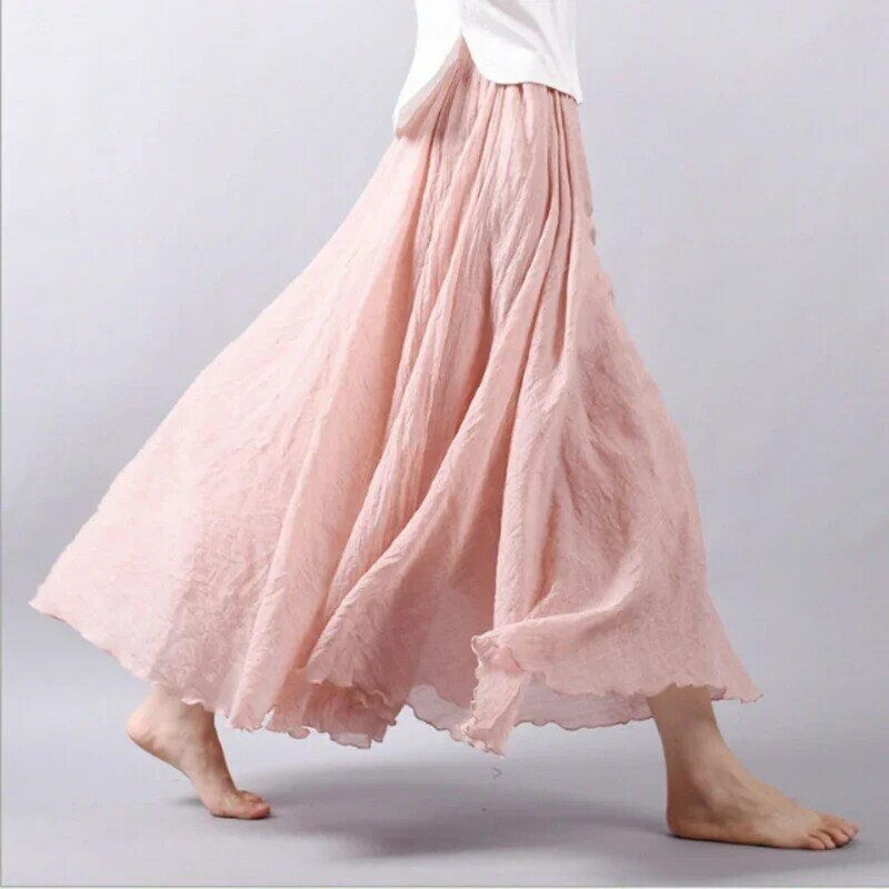 Maxifalda plisada de lino para mujer, falda larga informal de algodón para playa, Estilo Vintage bohemio, 14 colores, 2024