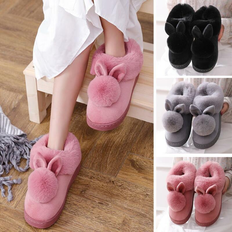 Soft Thick Sole Winter Plush Women Slippers Flat fur Fluffy Cartoon Rabbit Ear Thickened Female Slipper Cotton Shoes