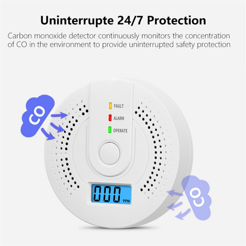 Detektor monoksida 1 buah, Alarm karbon monoksida portabel untuk rumah, Alarm CO dengan UL2034 (baterai tidak termasuk)