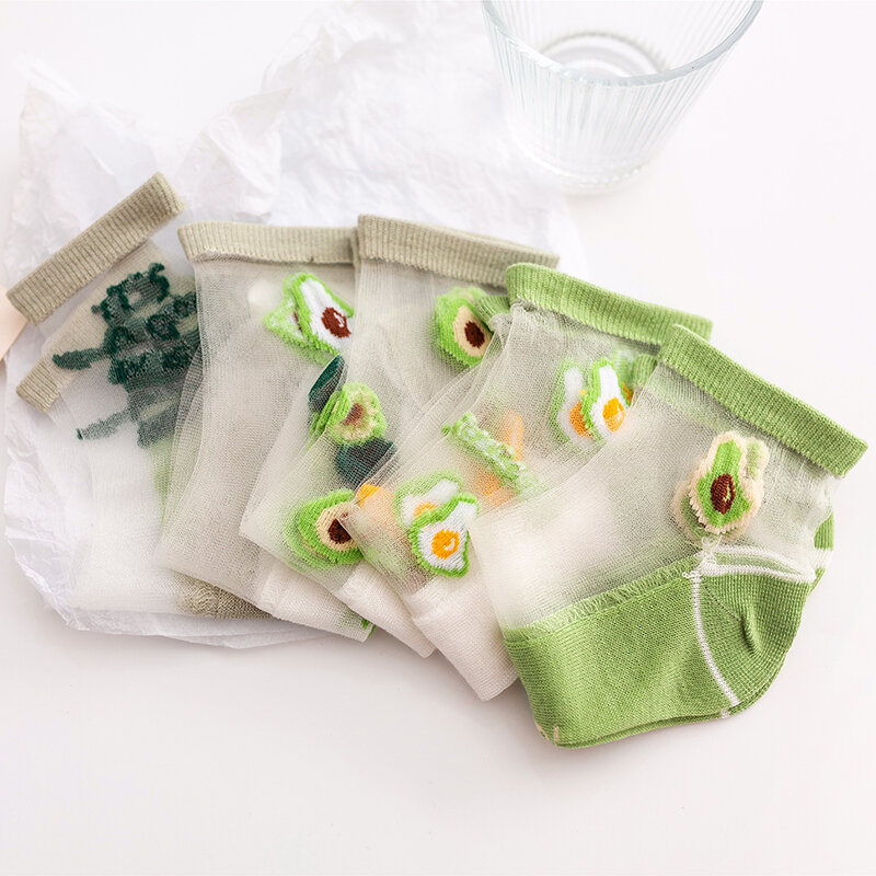 5 paia di calzini corti estivi da donna Harajuku Cartoon Fruit Avocado Letter Crystal Silk calzini Casual ultrasottili elastici trasparenti