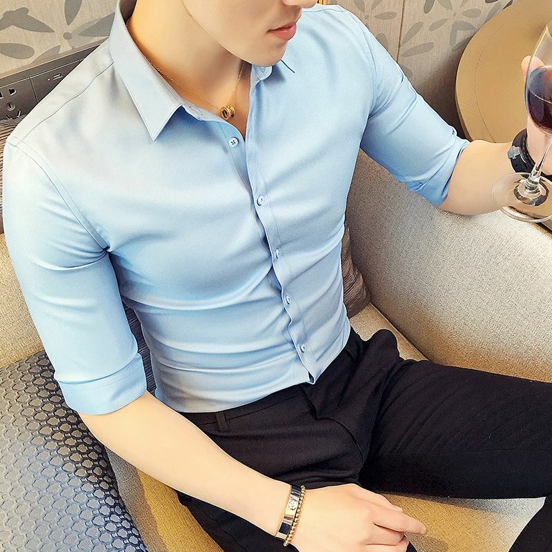 Spring Simple Fashion England Style Traceless Men Solid Three Quarter Sleeve Shirt Lapel Button Casual Versatile Slim Thin Top