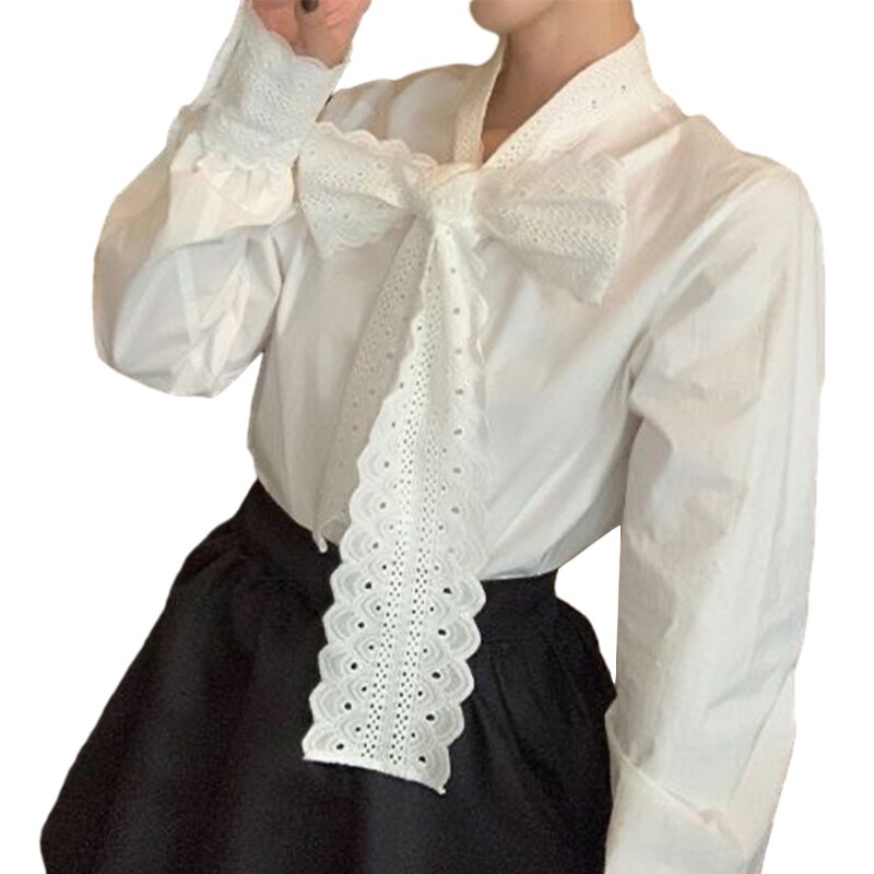 Blusa feminina retrô com laço e manga comprida, túnica casual, manga comprida, punhos com botão, camisas, dropship