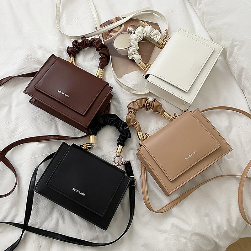 Korean Style Fashion Shoulder Sling Bag For Women PU Leather Solid Color Crossbody Bag With Handle Simple Small Square Handbag