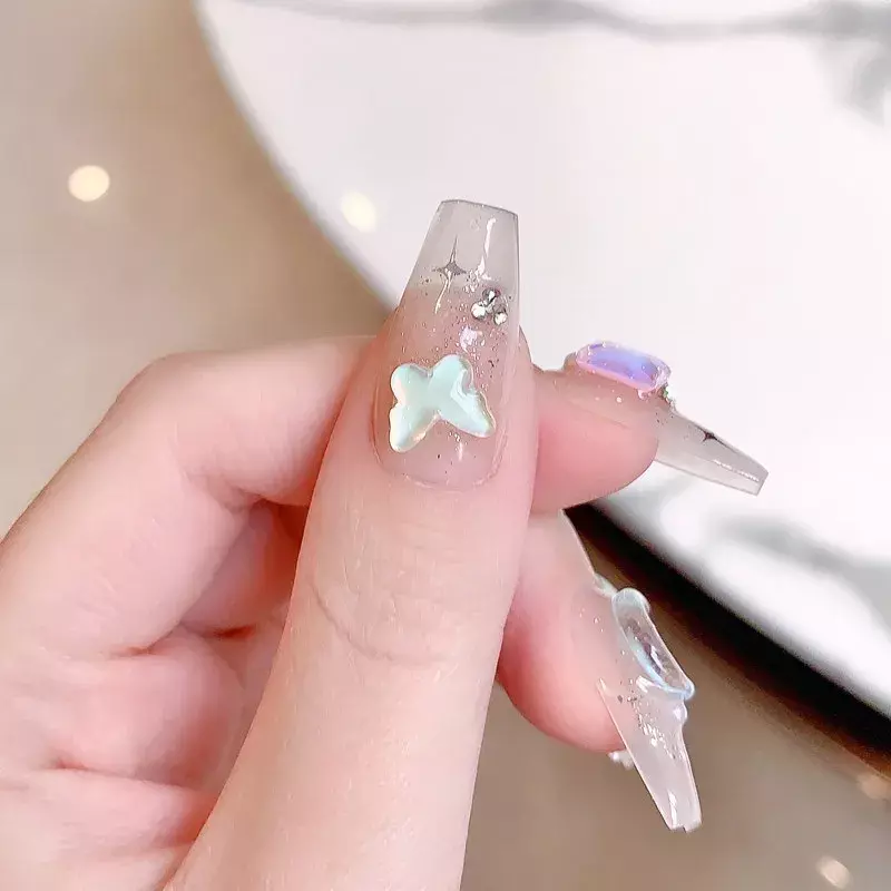 10Pcs Long French Press on Nails Milk Blue Gradient Ballet Fake Nails with Shiny Star Summer Girl Wearable Full Cover Nail Tips