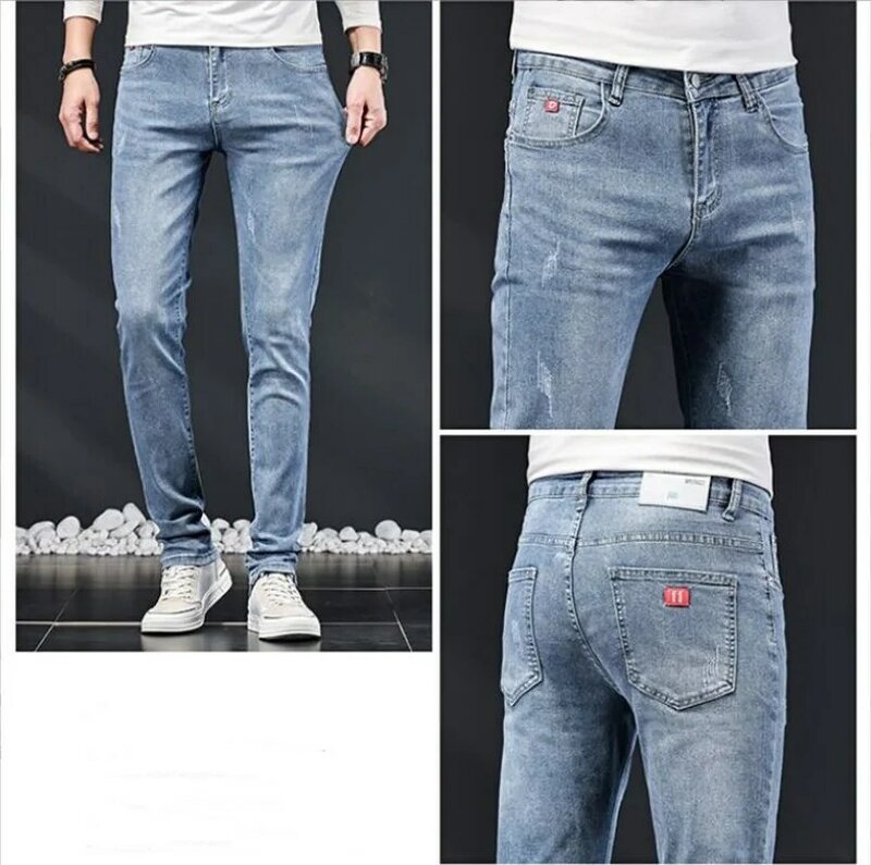 New Spring and Autumn Blue Washed Korean Fashion Casual Solid Slim Cowboy Stretch Denim Teenagers Luxury Pants Tight Men Jeans