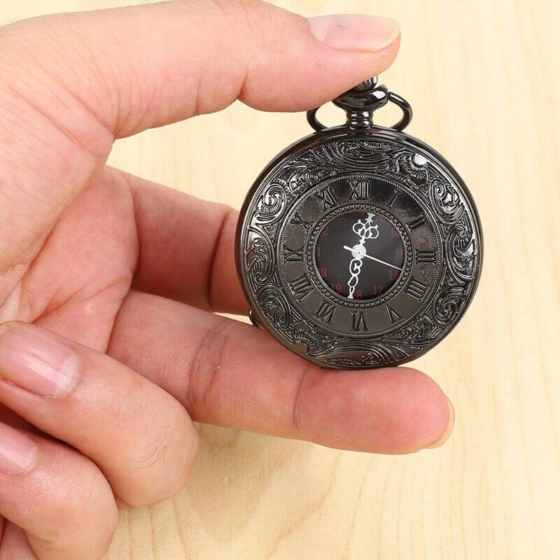 Numerais romanos quartzo pingente relógio de bolso, colar steampunk, vintage, preto, presente, 2 pcs