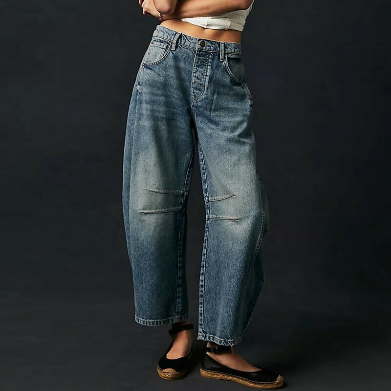 Jeans com cano médio para mulheres, perna larga, cintura média, calças jeans cortadas, jeans largos com bolsos, cintura alta