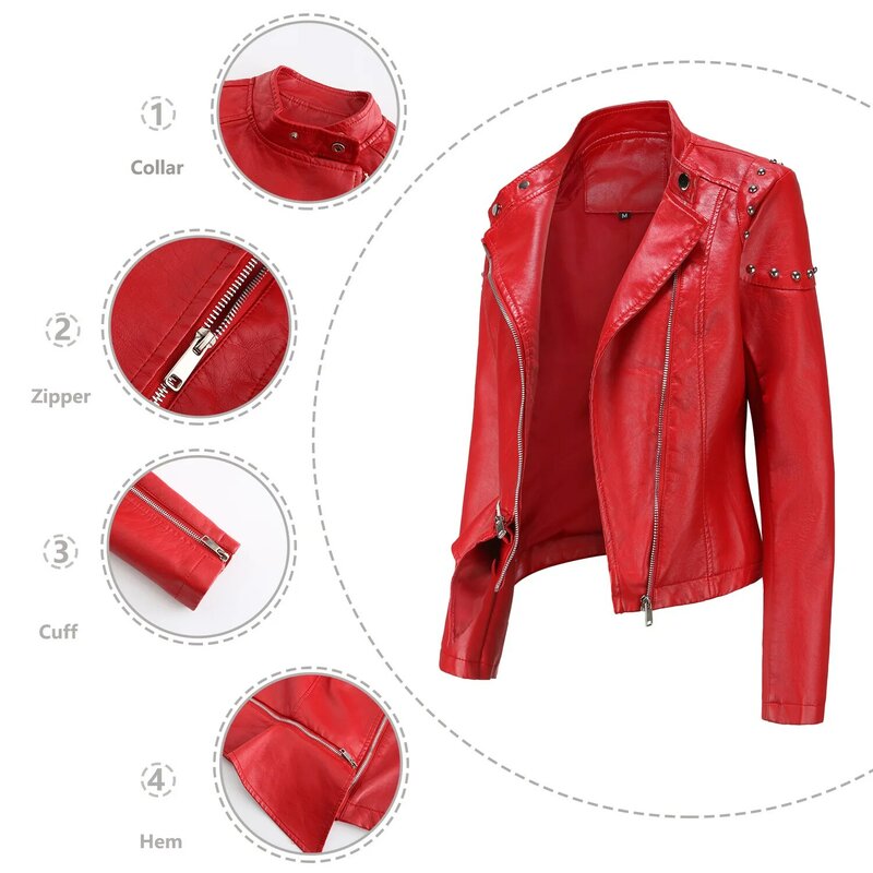 2024 Ladies New Rivet Fashion Leather Clothing with Stand Collar Solid Color Autumn Casual PU Leather Coat