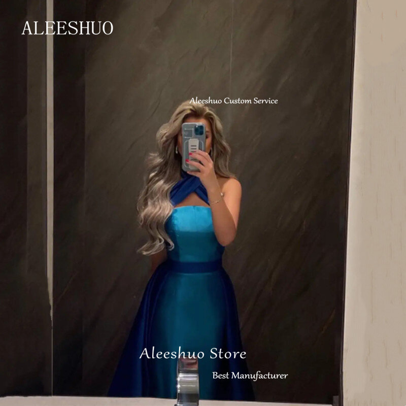 Aleeshuo Arabia niebieska syrenka satynowa suknie balowe bez rękawów sukienki imprezowe Vestidos De Ocasión do kostek Formales 2024