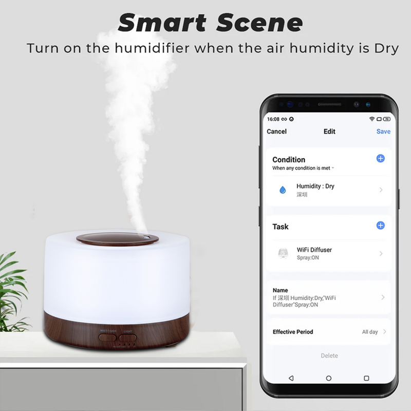 Jianshu Tuya pelembap udara WiFi cerdas penyebar minyak esensial aromaterapi 500mL 7 warna lampu malam LED untuk Alexa Google Home