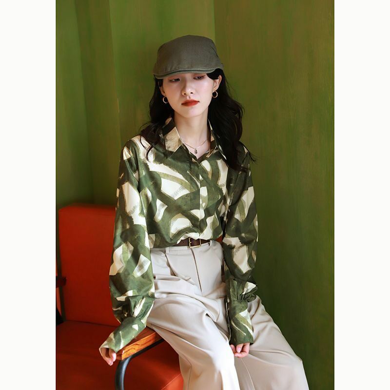 Vintage Spring New Printing Loose Youth Blouse Button Long Sleeve Polo Neck Casual Shirt Tops Sweet Fashion Women Clothing