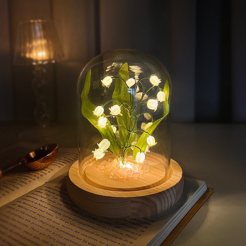 Handmade flor artificial tulipa lâmpada da noite, lírio das flores do vale, DIY cabeceira sono luz, decoração do quarto
