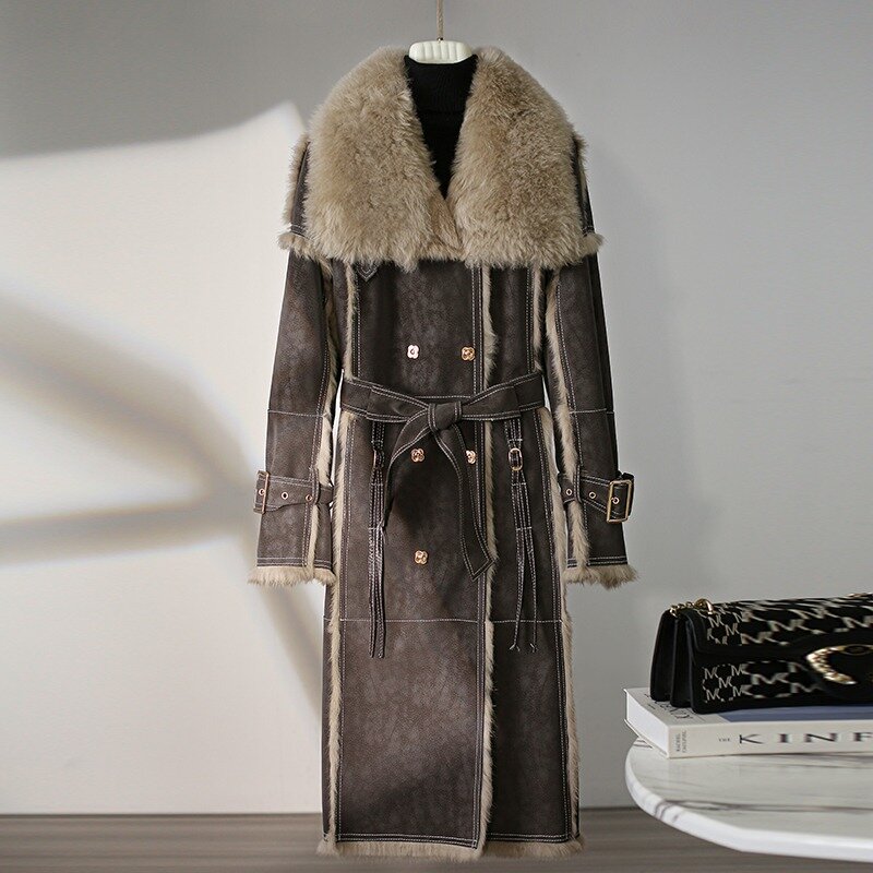 Jaket bulu kelinci asli wanita JT429, mantel bulu rubah panjang sedang kerah bulu musim dingin