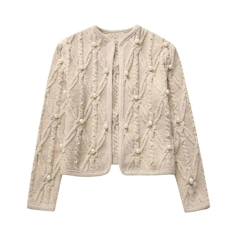 Women New Fashion Artificial pearl decoration Cropped Striped Knitted Cardigan Vintage Long Sleeve Female Outerwear Chic Tops