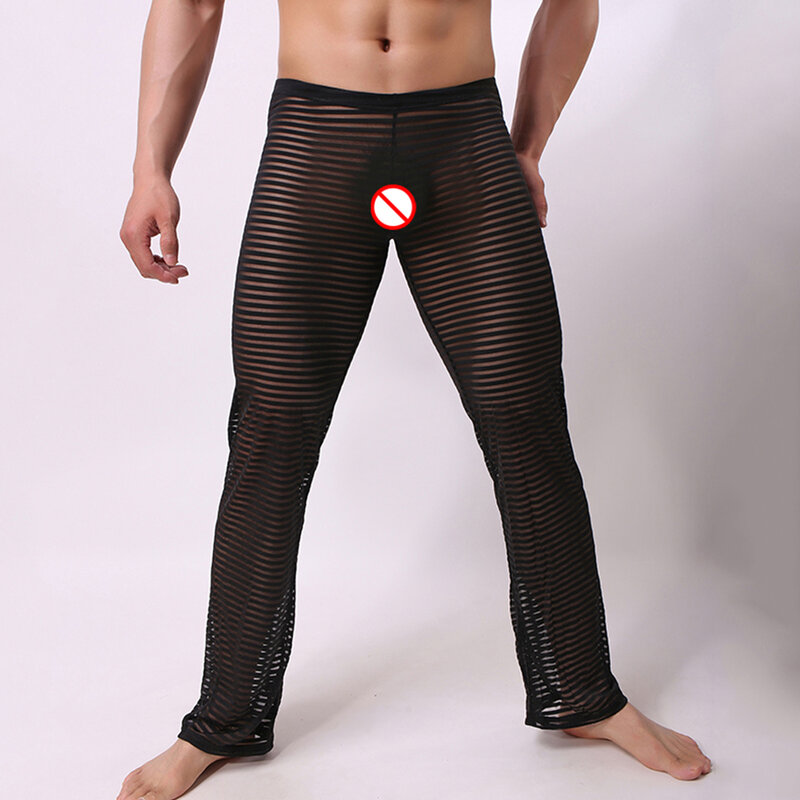 Sheer męskie siatkowe spodnie od piżamy luźne długie spodnie seksowna męska przezroczysta bielizna ultra-cienka jednokolorowa na co dzień spodnie domowe 2022