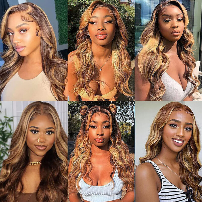 30 Inch Colored Highlight Human Hair Wigs Brazilian Glueless Body Wave Lace Front Wigs For Women 13x4 Hd Transparent Loose Wave