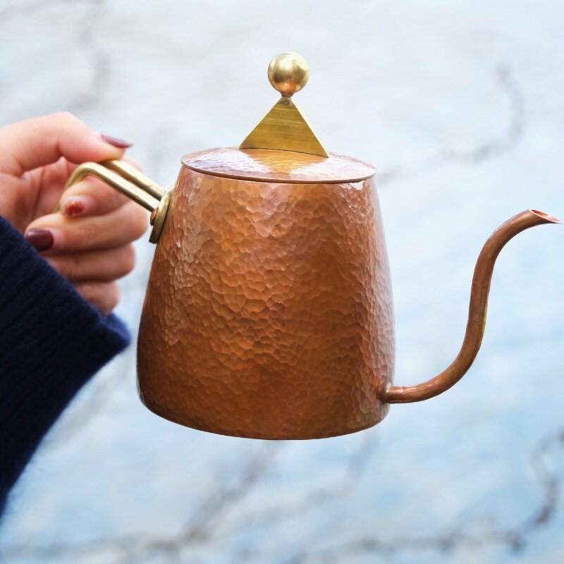 Cafetera japonesa de cobre puro hecha a mano, tetera de mano de boca delgada de cobre, pequeña, estilo nórdico Vintage, hervidor de viento con mango
