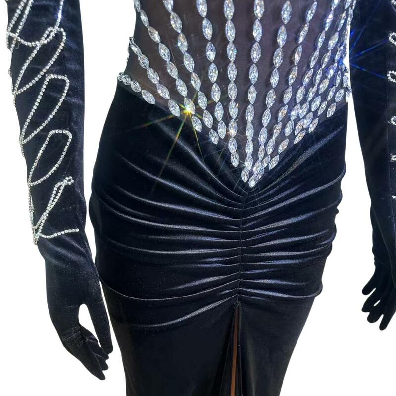 Shanliang-Vestido largo de noche para mujer, traje Formal de terciopelo con abertura alta y cristales brillantes, estilo sirena, con guantes, 2024