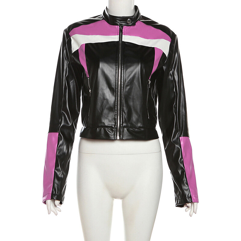 Goth Dark Bikercore Contrast Color Faux Pu Moto Jackets Cyber Y2k Punk Leather Zip Up Coats Gothic Female Pocket Slim Streetwear