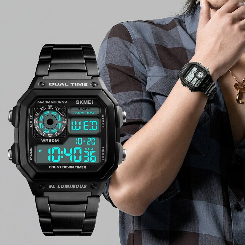 Skmei-reloj deportivo de acero inoxidable para hombre, cronógrafo de pulsera Digital con luz trasera, resistente al agua, 5bar, alarma Clo