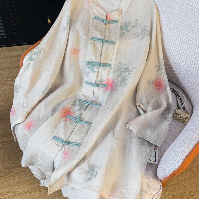 Kemeja katun Linen wanita, baju atasan kardigan setengah panjang tipis ringan pas longgar gaya Tiongkok bermotif