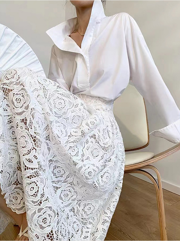 Biała spódnica damska Elegancka koronkowa spódnica z wysokim stanem A-Line Casual Sweet Holiday Chic Fashion Vintage Jesienne długie spódnice