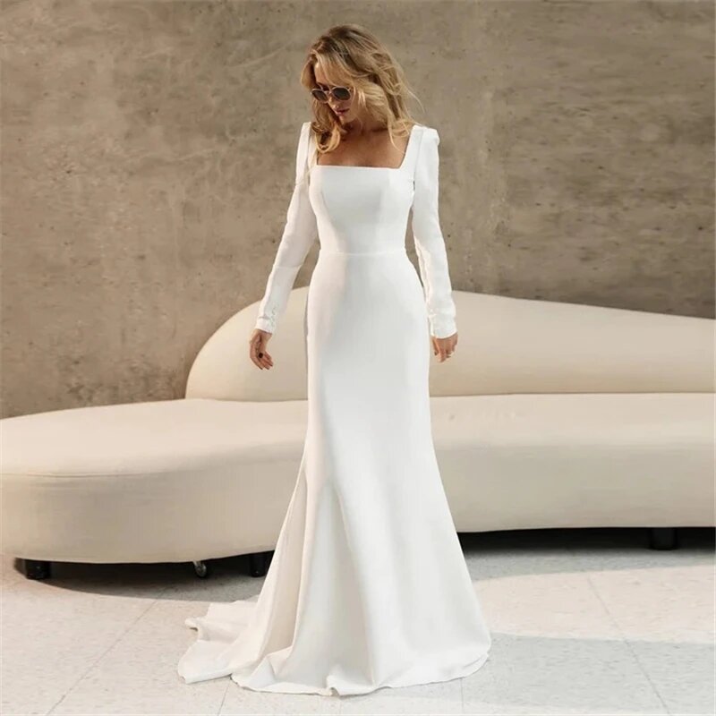 Elegant Satin Wedding Dresses 2024 For Women Long Sleeves Mermaid Square Collar Bridal Gowns Luxury Robes 2023 Vestidos De Novia